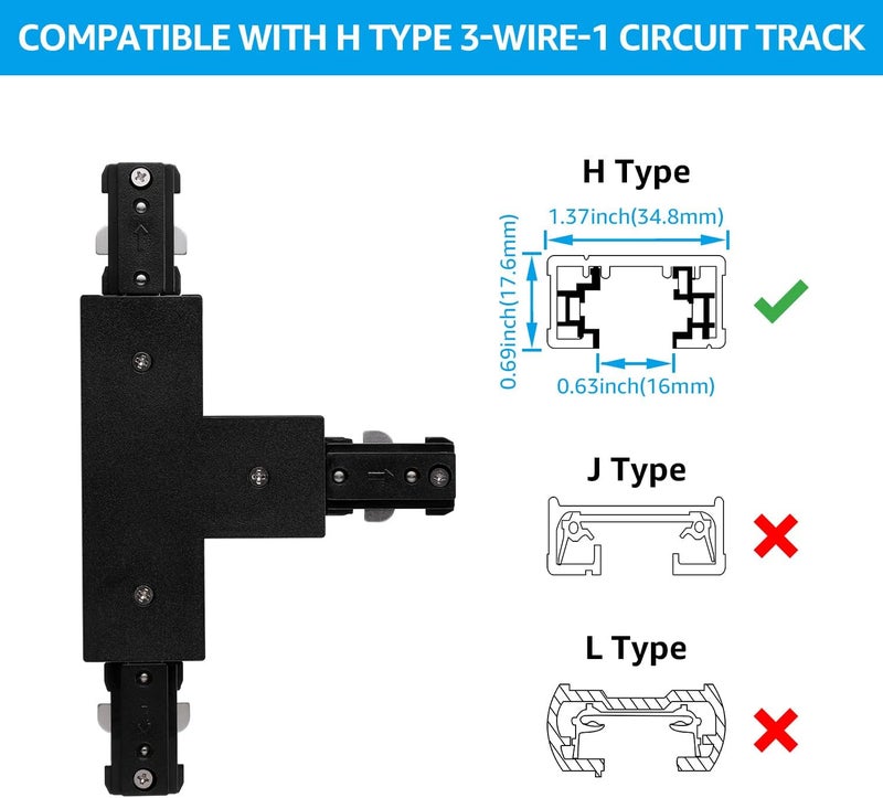 LEONLITE H Track T Connector, H Type Single Circuit 3-Wire-1 Track Lighting Kit, UL Listed, Flame Retardant Material, Black - Image 4
